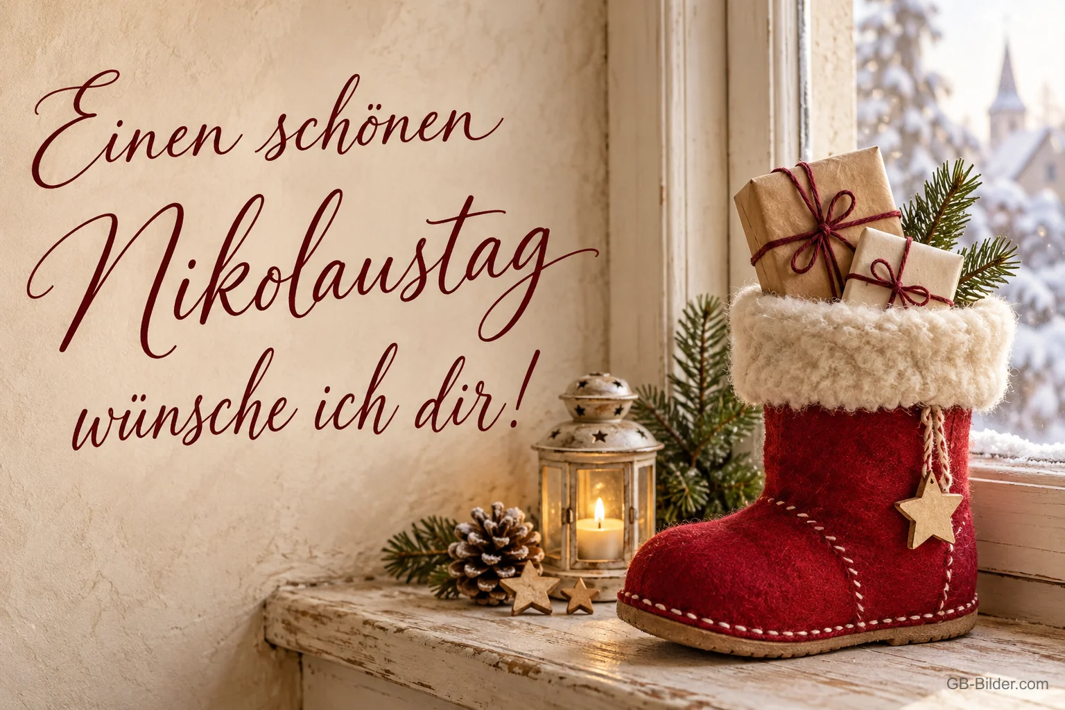 Roter Nikolausstiefel mit Geschenken und Laterne am Fenster, Text: Einen schönen Nikolaustag – wünsche ich dir! Roter Nikolausstiefel mit Geschenken und Laterne am Fenster, Text: Einen schönen Nikolaustag – wünsche ich dir!