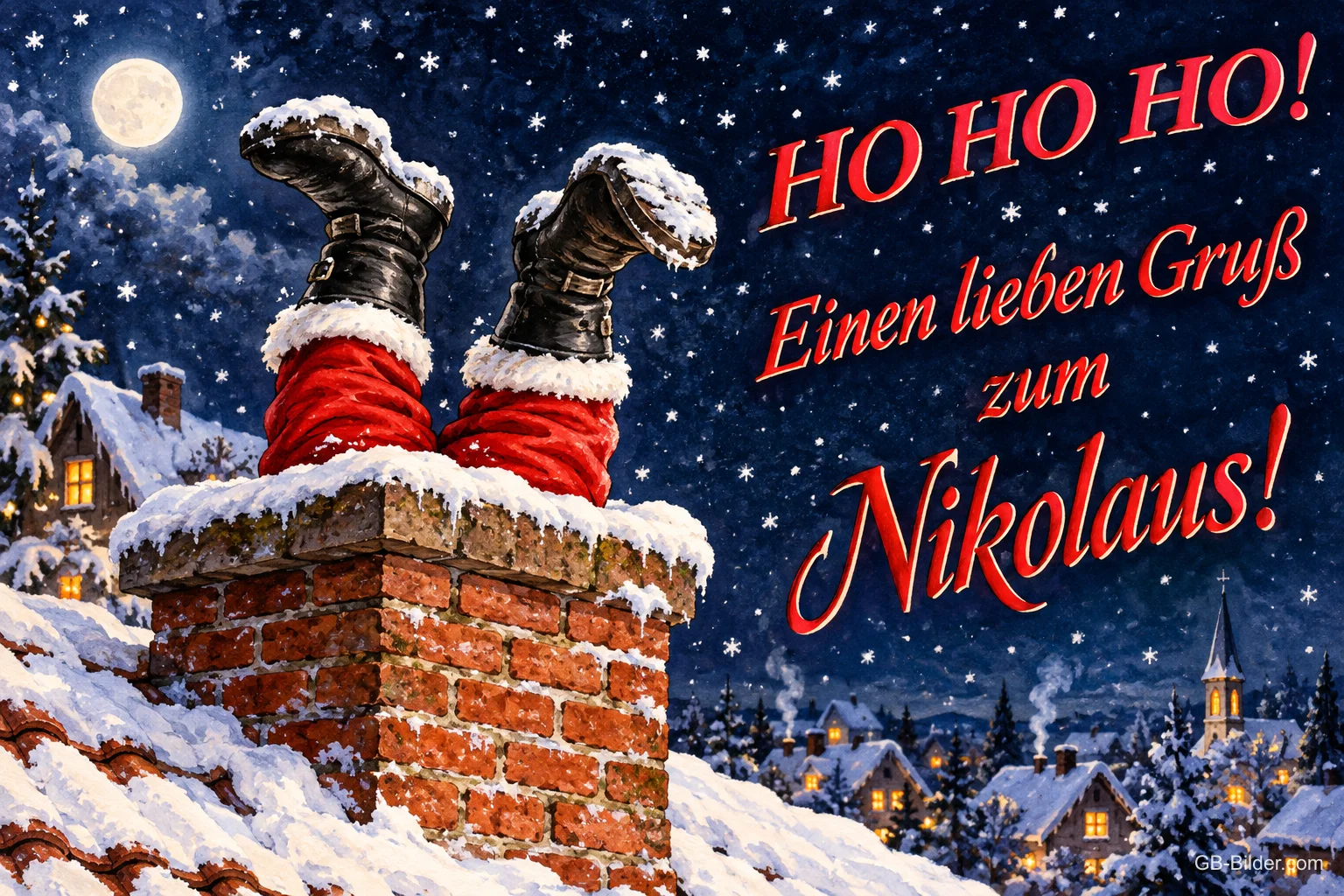 Nikolausbeine ragen aus einem verschneiten Schornstein, Text: HO HO HO! – Einen lieben Gruß zum Nikolaus! Nikolausbeine ragen aus einem verschneiten Schornstein, Text: HO HO HO! – Einen lieben Gruß zum Nikolaus!