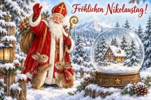 Nikolaus mit Mitra und Stab neben Hasen und einer Schneekugel, Text: Fröhlichen Nikolaustag!