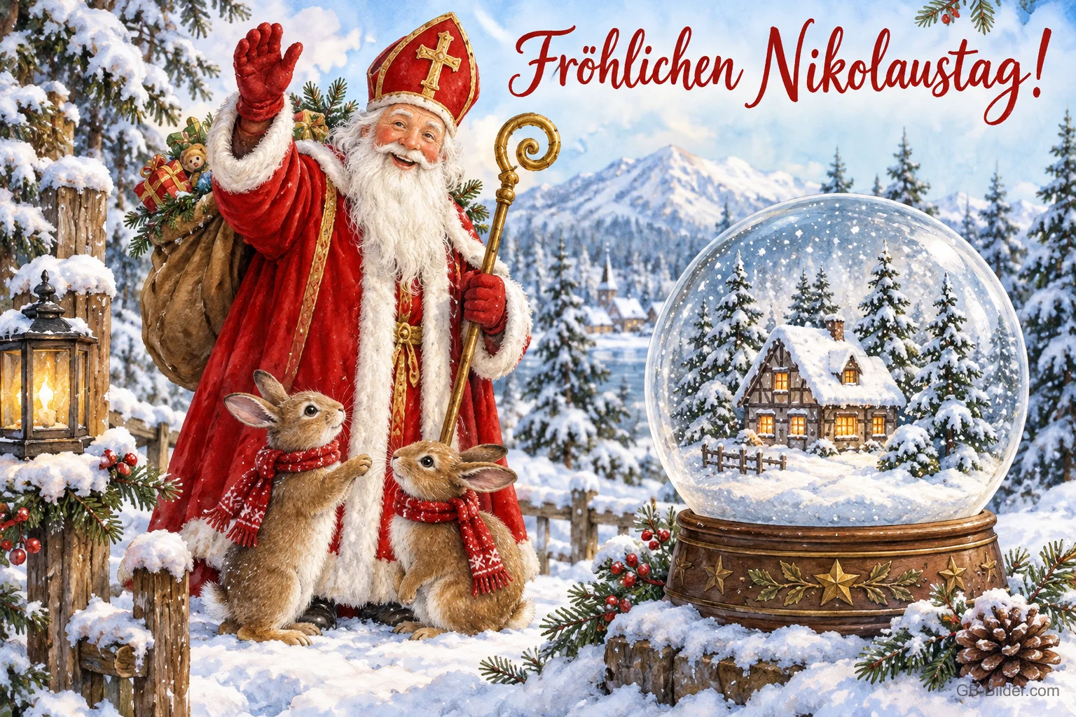Nikolaus mit Mitra und Stab neben Hasen und einer Schneekugel, Text: Fröhlichen Nikolaustag! Nikolaus mit Mitra und Stab neben Hasen und einer Schneekugel, Text: Fröhlichen Nikolaustag!