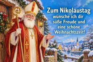 Sankt Nikolaus mit Mitra und Stab vor einem verschneiten Dorf, Text: Zum Nikolaustag – wünsche ich dir süße Freude und eine schöne Weihnachtszeit!