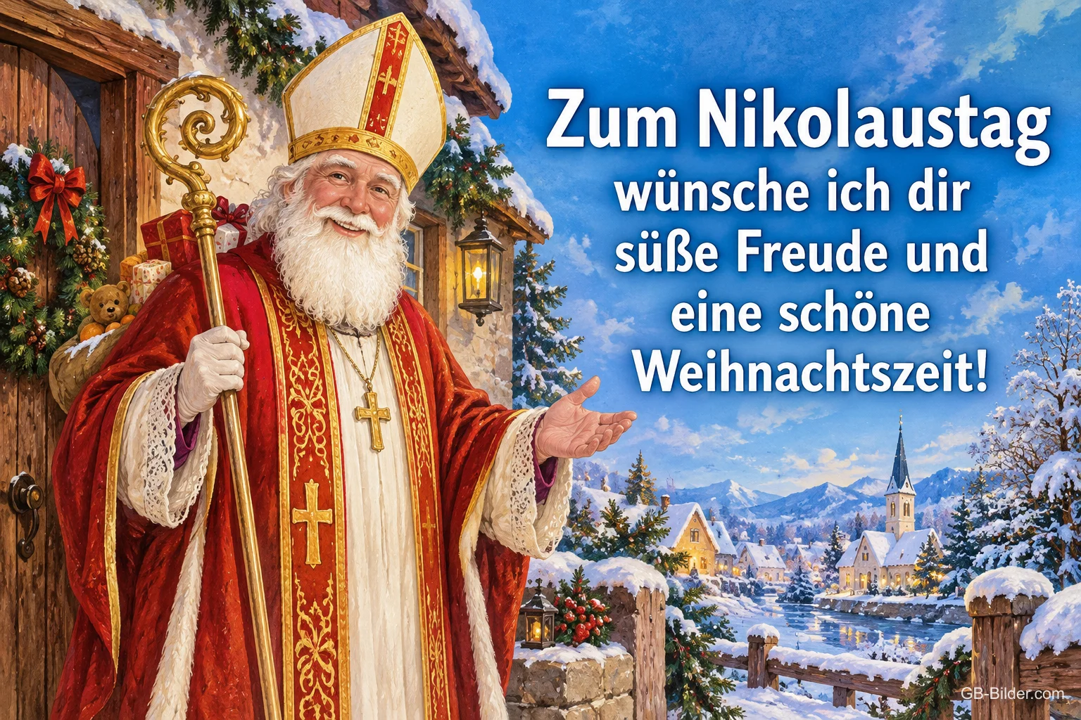 Sankt Nikolaus mit Mitra und Stab vor einem verschneiten Dorf, Text: Zum Nikolaustag – wünsche ich dir süße Freude und eine schöne Weihnachtszeit! Sankt Nikolaus mit Mitra und Stab vor einem verschneiten Dorf, Text: Zum Nikolaustag – wünsche ich dir süße Freude und eine schöne Weihnachtszeit!