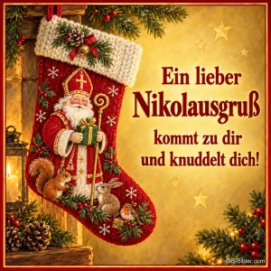 Gestrickter Nikolausstrumpf mit Nikolaus, Eichhörnchen und Hase, Text: Ein lieber Nikolausgruß – kommt zu dir und knuddelt dich!
