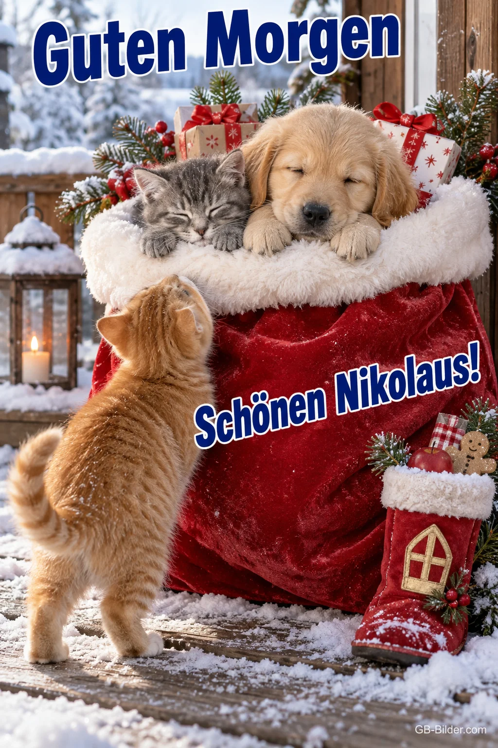 Welpe und Kätzchen schlafen in einem roten Nikolaussack, ein Kätzchen klettert hinauf, Text: Guten Morgen – Schönen Nikolaus! Welpe und Kätzchen schlafen in einem roten Nikolaussack, ein Kätzchen klettert hinauf, Text: Guten Morgen – Schönen Nikolaus!