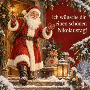 Nikolaus mit Sack winkt vor einer verschneiten Haustür, Text: Ich wünsche dir einen schönen – Nikolaustag!