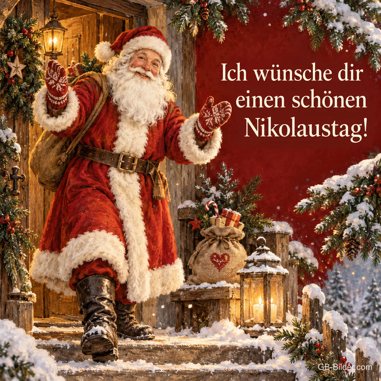 Nikolaus mit Sack winkt vor einer verschneiten Haustür, Text: Ich wünsche dir einen schönen – Nikolaustag! Nikolaus mit Sack winkt vor einer verschneiten Haustür, Text: Ich wünsche dir einen schönen – Nikolaustag!