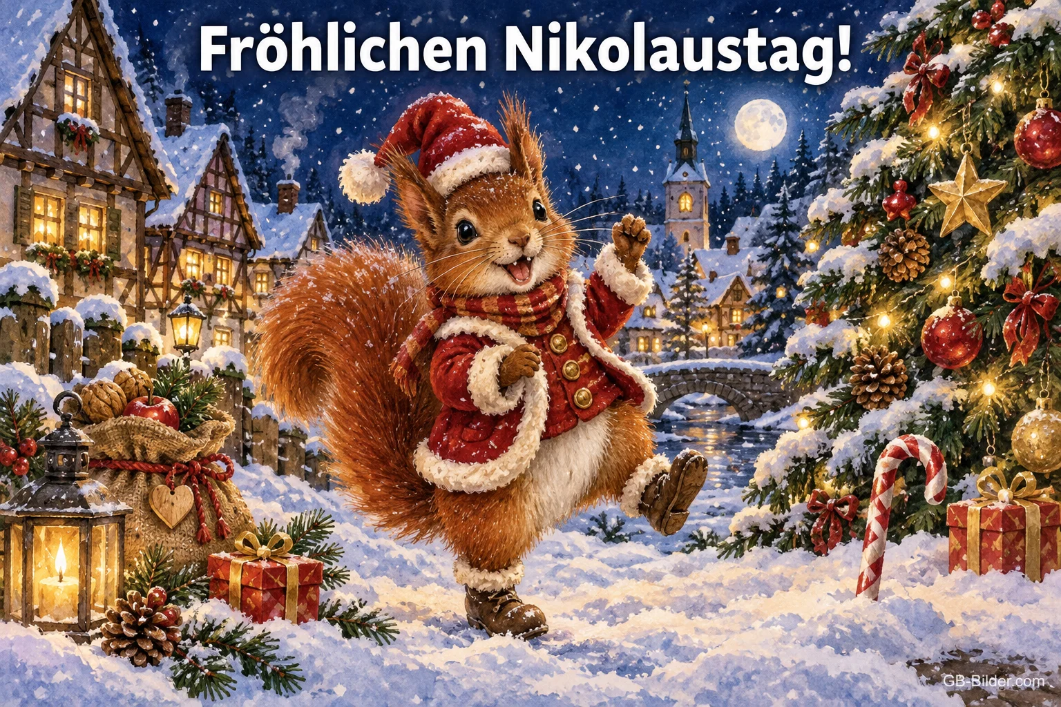 Eichhörnchen mit Mütze und Mantel tanzt in einem verschneiten Dorf, Text: Fröhlichen Nikolaustag! Eichhörnchen mit Mütze und Mantel tanzt in einem verschneiten Dorf, Text: Fröhlichen Nikolaustag!