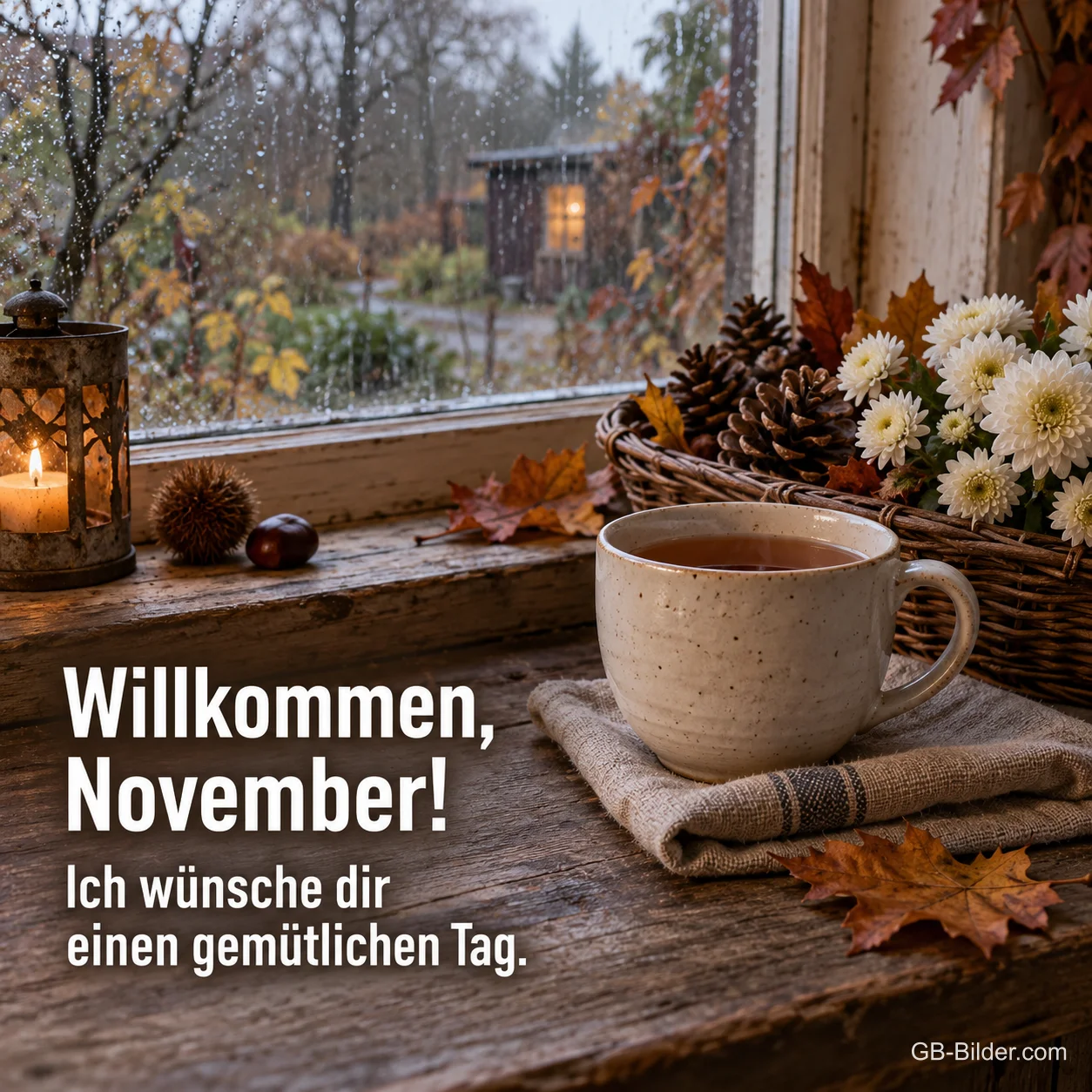 Tasse Tee, Kerzenlaterne und Korb mit Tannenzapfen und Chrysanthemen am regnerischen Fenster, Text: Willkommen, November! Ich wünsche dir einen gemütlichen Tag. Tasse Tee, Kerzenlaterne und Korb mit Tannenzapfen und Chrysanthemen am regnerischen Fenster, Text: Willkommen, November! Ich wünsche dir einen gemütlichen Tag.