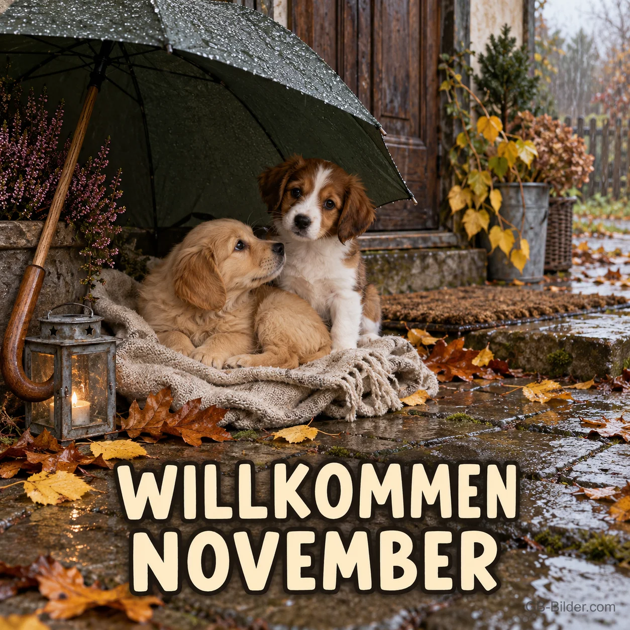 Zwei Welpen unter einem Regenschirm im Herbstregen, Text: Willkommen November Zwei Welpen unter einem Regenschirm im Herbstregen, Text: Willkommen November