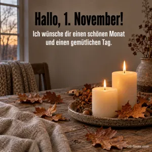 Brennende Kerzen mit Herbstlaub auf einem Holztisch, Text: Hallo, 1. November! Ich wünsche dir einen schönen Monat und einen gemütlichen Tag.
