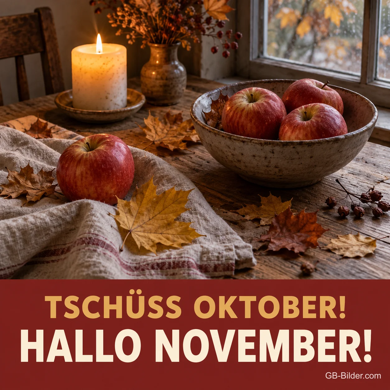 Rote Äpfel, Herbstlaub und Kerze auf einem Holztisch, Text: Tschüss Oktober! Hallo November! Rote Äpfel, Herbstlaub und Kerze auf einem Holztisch, Text: Tschüss Oktober! Hallo November!