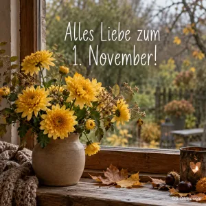 Gelbe Chrysanthemen im Krug am Fenster, Text: Alles Liebe zum 1. November!