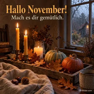 Kerzen und Kürbisse auf einem Holztablett am Regenfenster, Text: Hallo November! Mach es dir gemütlich.