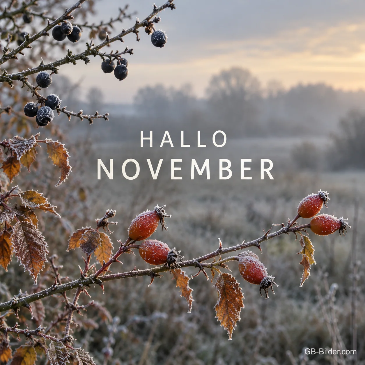 Bereifte Hagebutten und Schlehen über einer nebligen Wiese, Text: Hallo November Bereifte Hagebutten und Schlehen über einer nebligen Wiese, Text: Hallo November