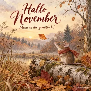 Maus mit Schal auf einem Birkenstamm in herbstlicher Landschaft, Text: Hallo November – Mach es dir gemütlich!