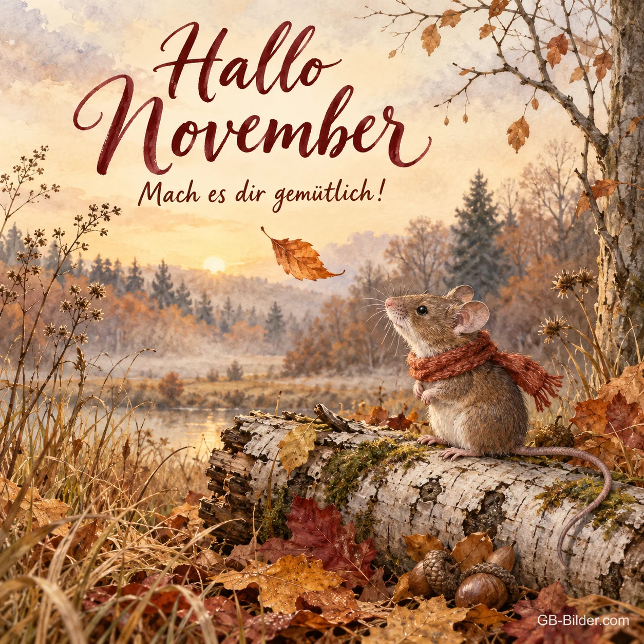 Maus mit Schal auf einem Birkenstamm in herbstlicher Landschaft, Text: Hallo November – Mach es dir gemütlich! Maus mit Schal auf einem Birkenstamm in herbstlicher Landschaft, Text: Hallo November – Mach es dir gemütlich!
