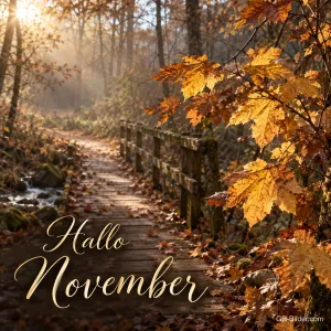 Holzsteg durch einen sonnigen Herbstwald, Text: Hallo November