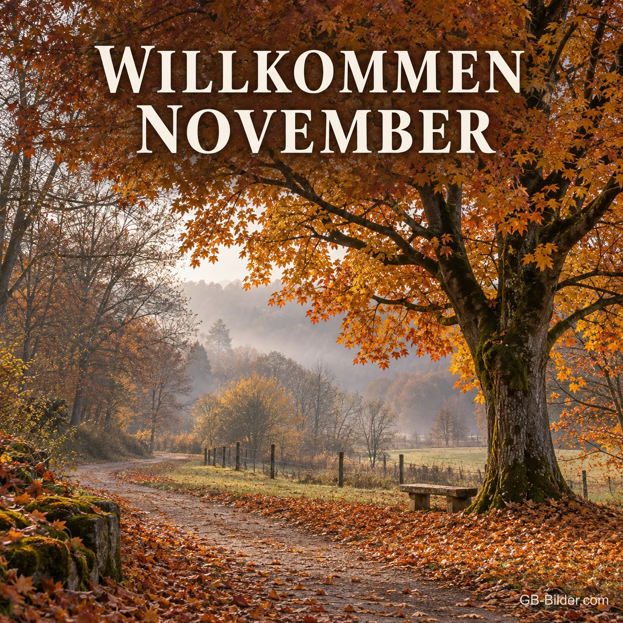 Großer Herbstbaum an einem nebligen Feldweg, Text: Willkommen November Großer Herbstbaum an einem nebligen Feldweg, Text: Willkommen November