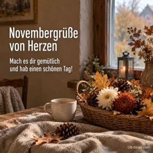 Korb mit Tannenzapfen und Teetasse am Fenster, Text: Novembergrüße von Herzen