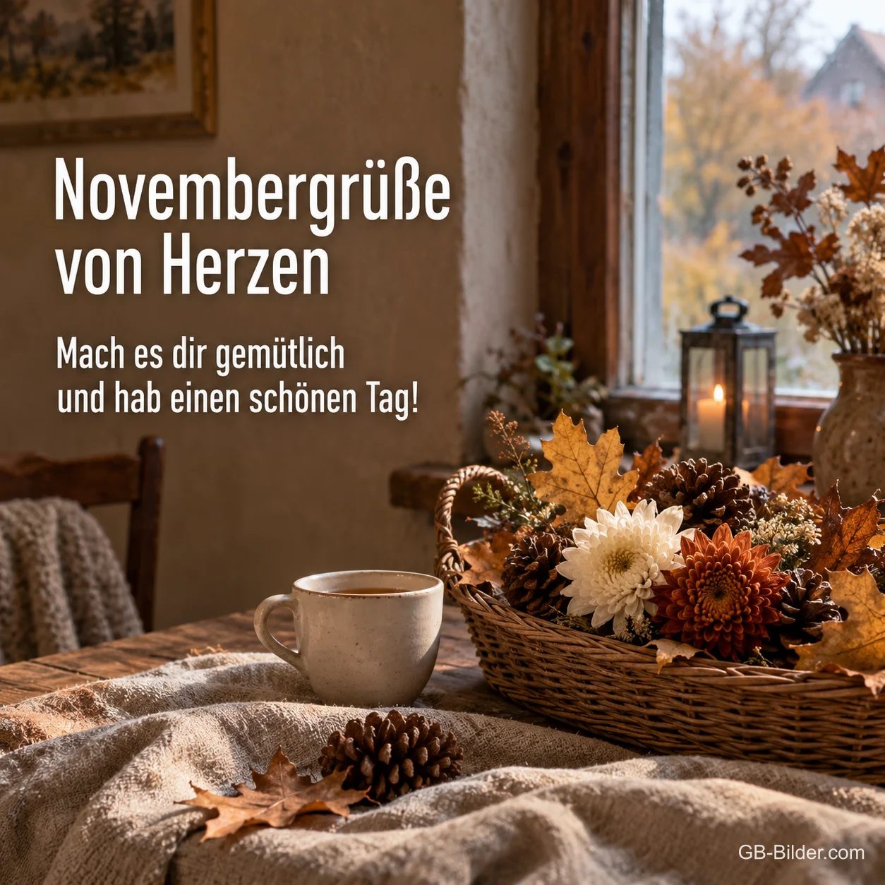 Korb mit Tannenzapfen und Teetasse am Fenster, Text: Novembergrüße von Herzen Korb mit Tannenzapfen und Teetasse am Fenster, Text: Novembergrüße von Herzen