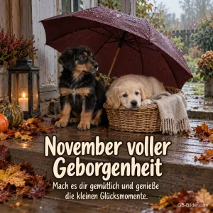 Zwei Welpen unter einem Regenschirm im Herbstregen, Text: November voller Geborgenheit