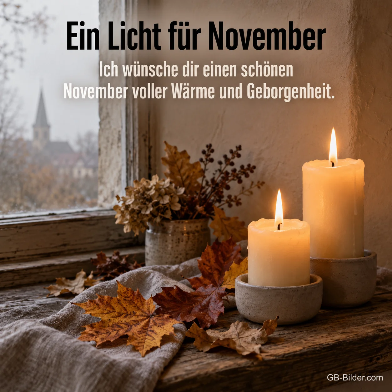 Zwei brennende Kerzen zwischen Herbstlaub am Fenster, Text: Ein Licht für November Zwei brennende Kerzen zwischen Herbstlaub am Fenster, Text: Ein Licht für November