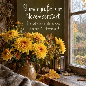 Gelbe Chrysanthemen im Krug am Fenster, Text: Blumengrüße zum Novemberstart – Ich wünsche dir einen schönen 1. November!