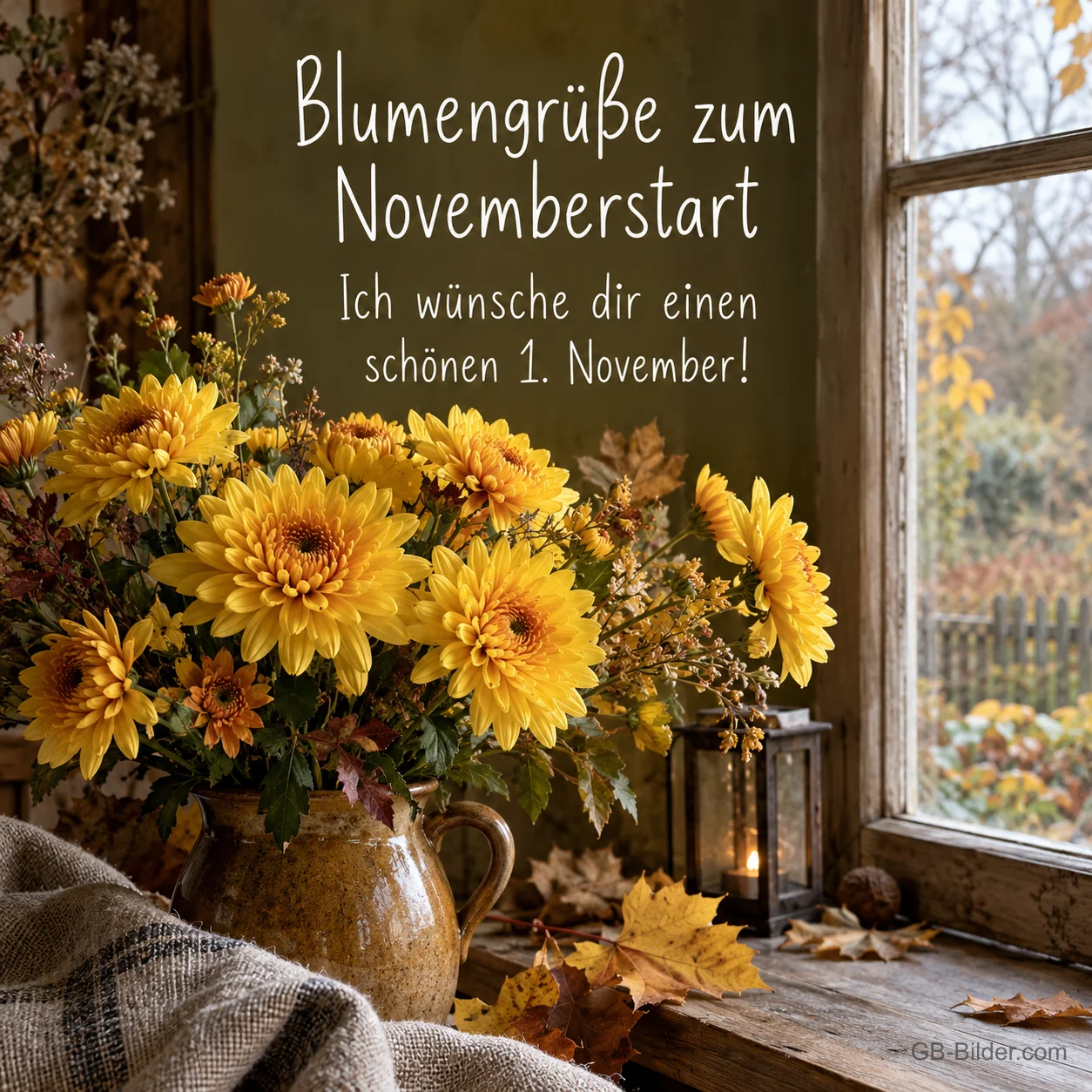 Gelbe Chrysanthemen im Krug am Fenster, Text: Blumengrüße zum Novemberstart – Ich wünsche dir einen schönen 1. November! Gelbe Chrysanthemen im Krug am Fenster, Text: Blumengrüße zum Novemberstart – Ich wünsche dir einen schönen 1. November!