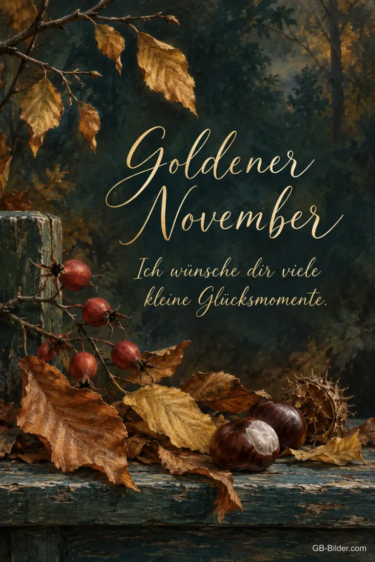 Herbstlaub und Kastanien auf einer Holzbank, Text: Goldener November – Ich wünsche dir viele kleine Glücksmomente.