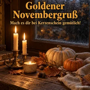 Kerzen und Kürbisse am Regenfenster, Text: Goldener Novembergruß – Mach es dir bei Kerzenschein gemütlich!