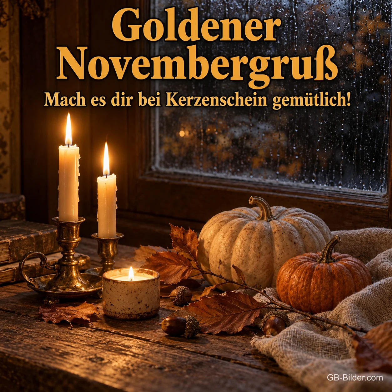 Kerzen und Kürbisse am Regenfenster, Text: Goldener Novembergruß – Mach es dir bei Kerzenschein gemütlich! Kerzen und Kürbisse am Regenfenster, Text: Goldener Novembergruß – Mach es dir bei Kerzenschein gemütlich!