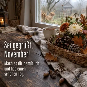 Korb mit Tannenzapfen und Teetasse am Fenster, Text: Sei gegrüßt, November!
