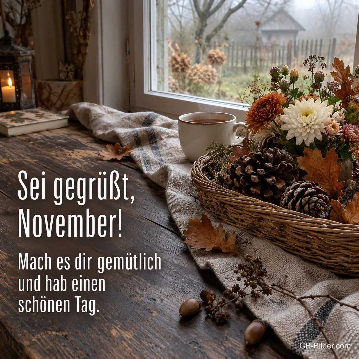 Korb mit Tannenzapfen und Teetasse am Fenster, Text: Sei gegrüßt, November! Korb mit Tannenzapfen und Teetasse am Fenster, Text: Sei gegrüßt, November!