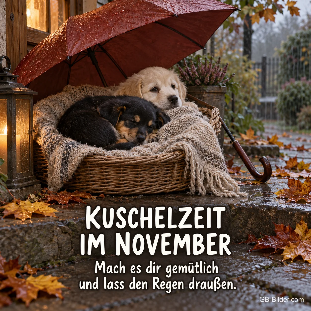 Zwei Welpen im Korb unter einem Regenschirm, Text: Kuschelzeit im November Zwei Welpen im Korb unter einem Regenschirm, Text: Kuschelzeit im November