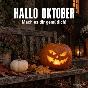 Leuchtender geschnitzter Kürbis auf einer Holzbank am Abend, Text: Hallo Oktober – Mach es dir gemütlich!