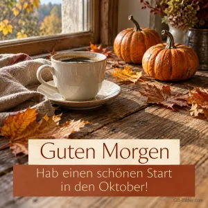 Kaffeetasse mit Kürbissen und Herbstblättern am Fenster, Text: Guten Morgen – Hab einen schönen Start in den Oktober!