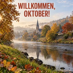 Herbstliches Dorf mit Kirche am Fluss im Morgendunst, Text: Willkommen, Oktober!