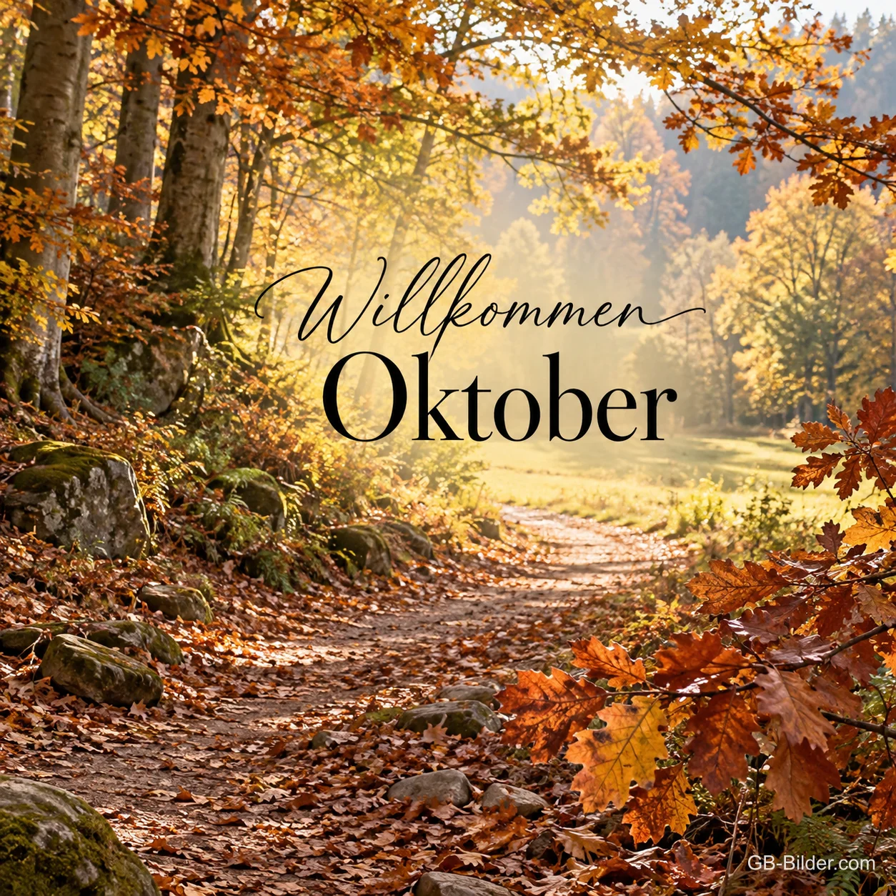Sonniger Herbstwald mit laubbedecktem Weg, Text: Willkommen Oktober Sonniger Herbstwald mit laubbedecktem Weg, Text: Willkommen Oktober