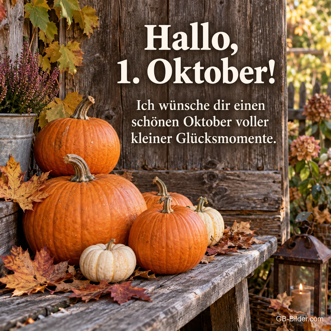 Kürbisse und Heidekraut auf einer alten Holzbank mit Laterne, Text: Hallo, 1. Oktober! Ich wünsche dir einen schönen Oktober voller kleiner Glücksmomente. Kürbisse und Heidekraut auf einer alten Holzbank mit Laterne, Text: Hallo, 1. Oktober! Ich wünsche dir einen schönen Oktober voller kleiner Glücksmomente.