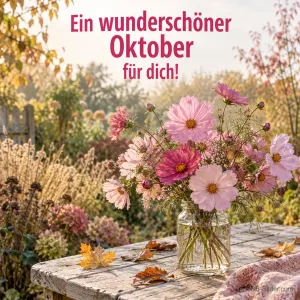 Rosa Schmuckkörbchen in einer Glasvase auf einem Gartentisch, Text: Ein wunderschöner Oktober für dich!