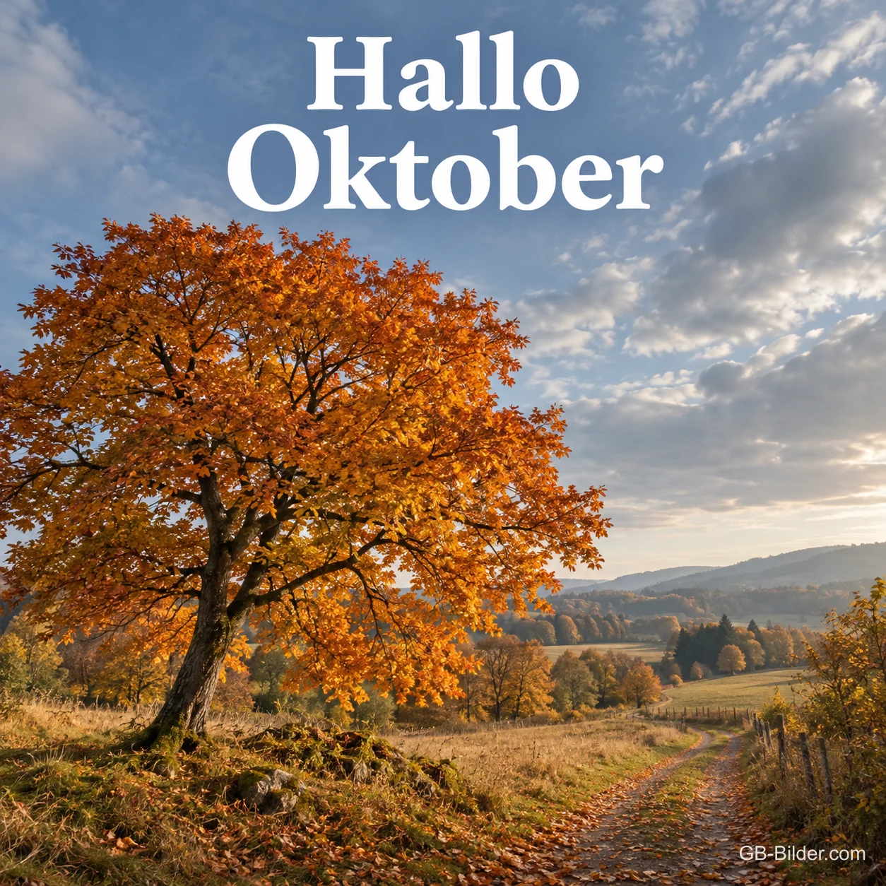 Baum mit orangefarbenem Herbstlaub an einem Feldweg, Text: Hallo Oktober Baum mit orangefarbenem Herbstlaub an einem Feldweg, Text: Hallo Oktober