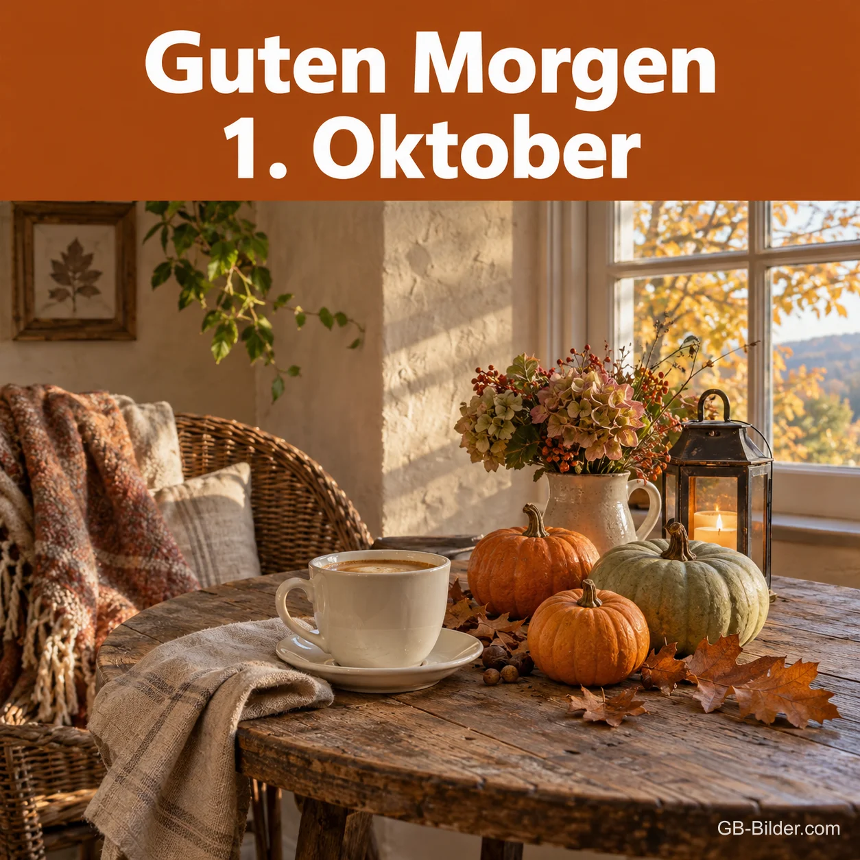 Gemütlicher Frühstückstisch mit Kaffee und Kürbissen am Fenster, Text: Guten Morgen 1. Oktober Gemütlicher Frühstückstisch mit Kaffee und Kürbissen am Fenster, Text: Guten Morgen 1. Oktober