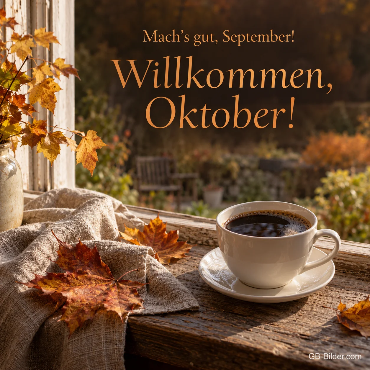 Kaffeetasse und Herbstblätter auf einer Wolldecke am Fenster, Text: Mach’s gut, September! Willkommen, Oktober! Kaffeetasse und Herbstblätter auf einer Wolldecke am Fenster, Text: Mach’s gut, September! Willkommen, Oktober!