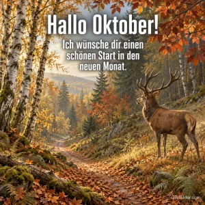 Hirsch am herbstlichen Waldweg zwischen Birken, Text: Hallo Oktober! Ich wünsche dir einen schönen Start in den neuen Monat.