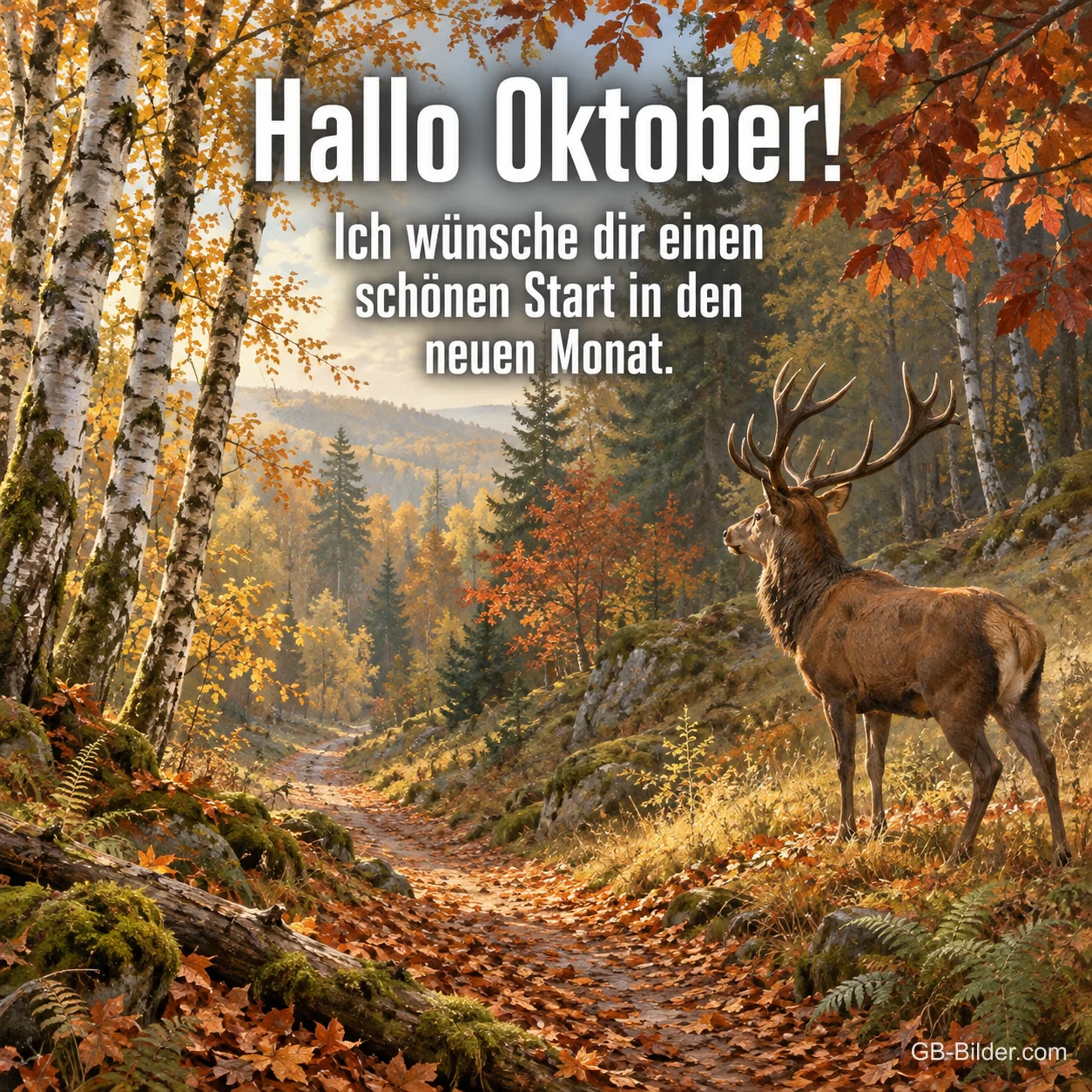 Hirsch am herbstlichen Waldweg zwischen Birken, Text: Hallo Oktober! Ich wünsche dir einen schönen Start in den neuen Monat. Hirsch am herbstlichen Waldweg zwischen Birken, Text: Hallo Oktober! Ich wünsche dir einen schönen Start in den neuen Monat.