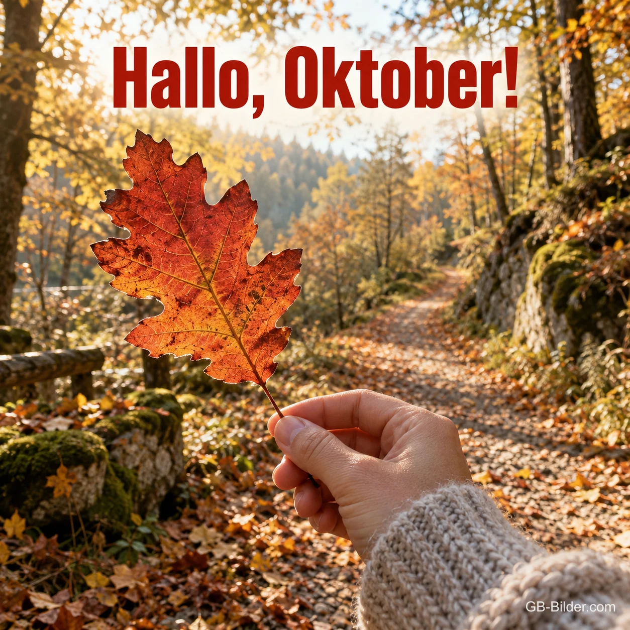 Hand hält ein rotes Herbstblatt über einem sonnigen Waldweg, Text: Hallo, Oktober! Hand hält ein rotes Herbstblatt über einem sonnigen Waldweg, Text: Hallo, Oktober!