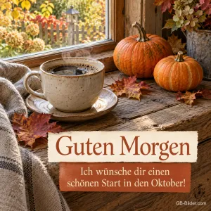Kaffeetasse mit Kürbissen am Fenster, Text: Guten Morgen – Ich wünsche dir einen schönen Start in den Oktober!
