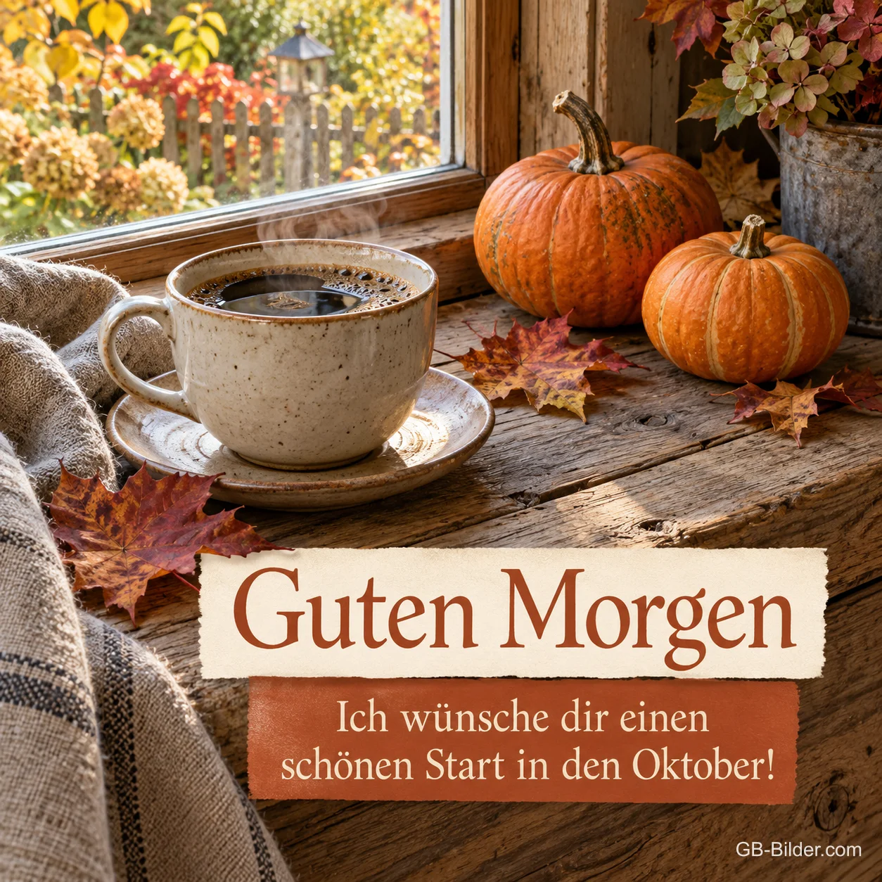 Kaffeetasse mit Kürbissen am Fenster, Text: Guten Morgen – Ich wünsche dir einen schönen Start in den Oktober! Kaffeetasse mit Kürbissen am Fenster, Text: Guten Morgen – Ich wünsche dir einen schönen Start in den Oktober!