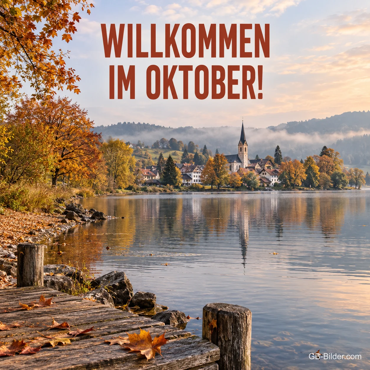 Steg am See mit herbstlichem Dorf, Text: Willkommen im Oktober! Steg am See mit herbstlichem Dorf, Text: Willkommen im Oktober!