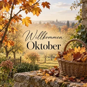 Korb mit Laub auf einer Mauer vor Herbstlandschaft, Text: Willkommen Oktober